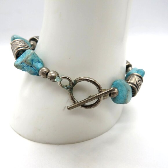 Stone Bracelet Blue Howlite Silver Tone Chunky Beaded Toggle Clasp - Picture 3 of 9